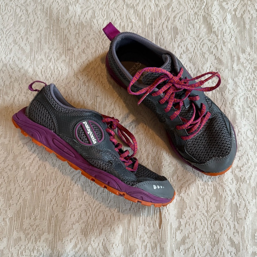 Patagonia Women's Gray Mesh Trail Shoes with Purple and Orange Accents